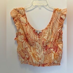 Patrons of Peace Women’s Crop Top, S, Flutter Sleeves, Orange/Cream, V Neck, NWT